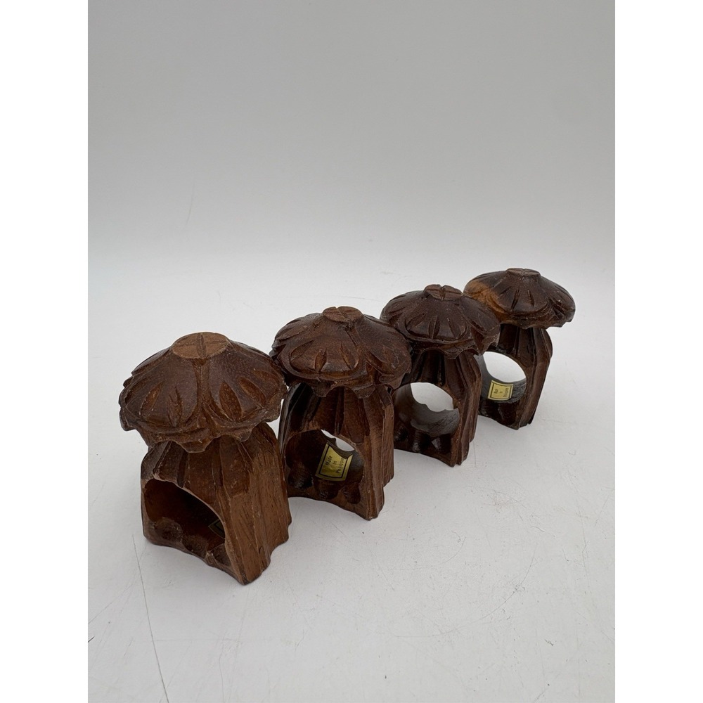 Set of 4 Hand Carved Wooden Mushroom Napkin‎ Rings 4" Made in Philippines VTG